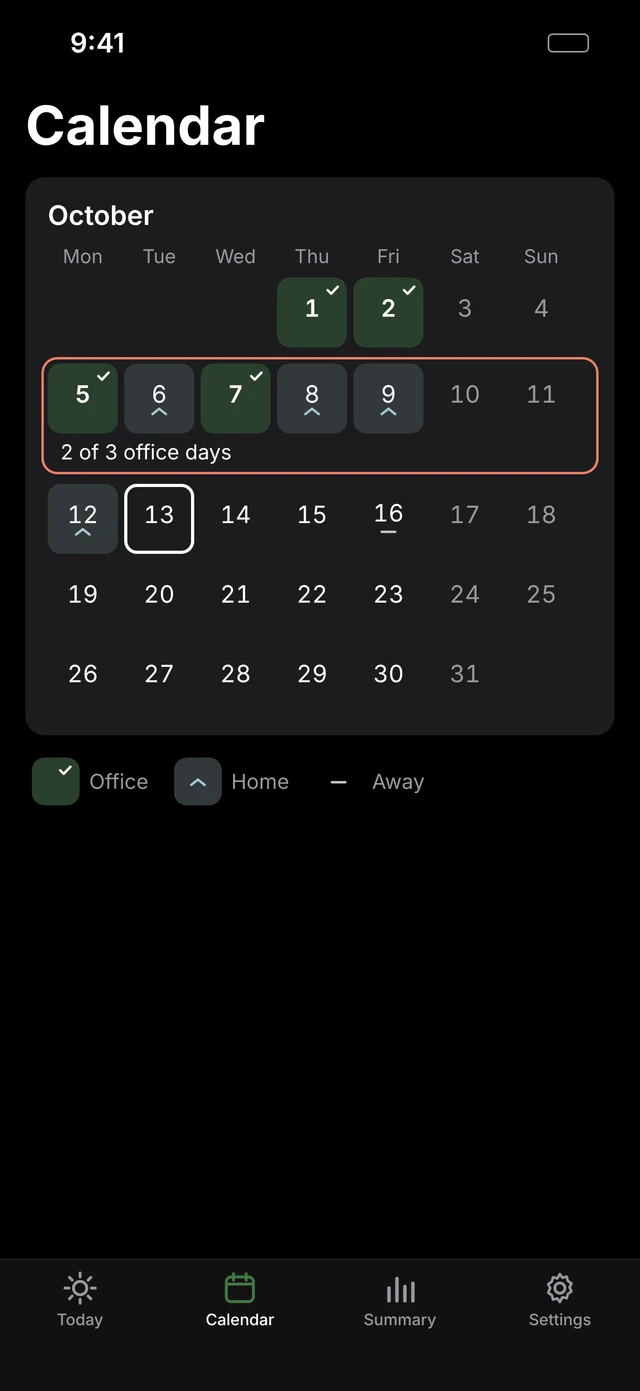 RTO Tracker Calendar screen for October, with office days and home days marked for a 2 office day week.