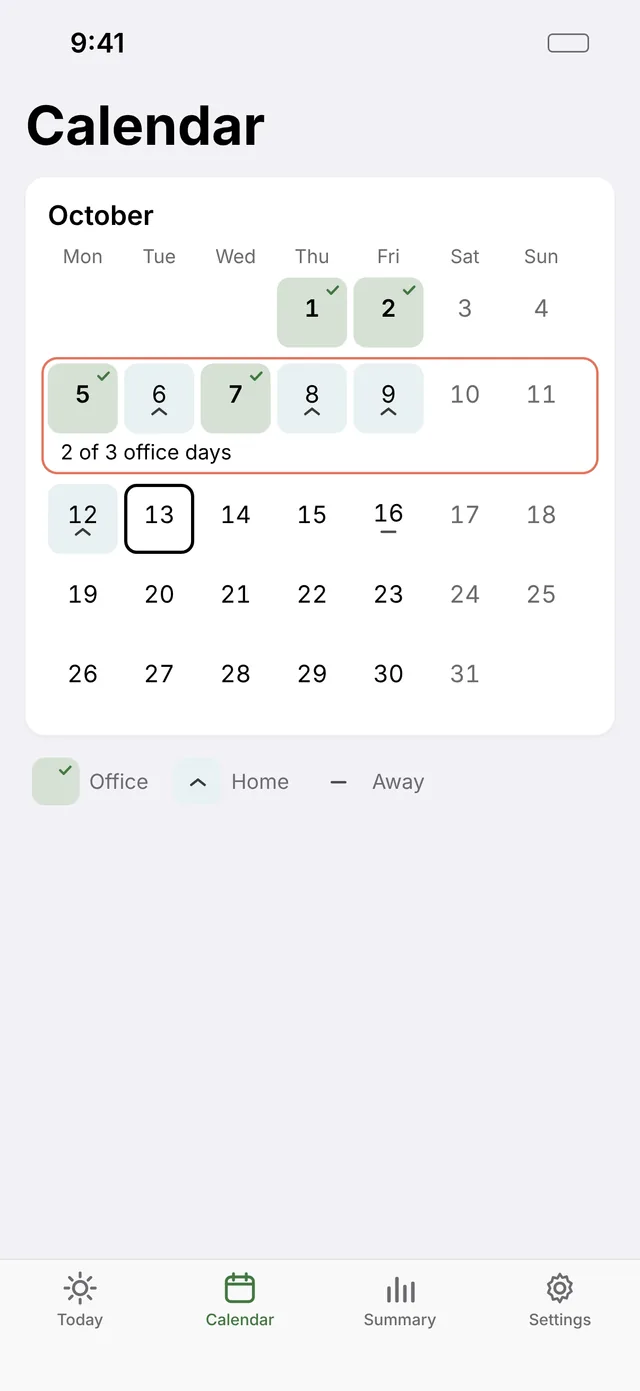 RTO Tracker Calendar screen for October, with office days and home days marked for a 2 office day week.