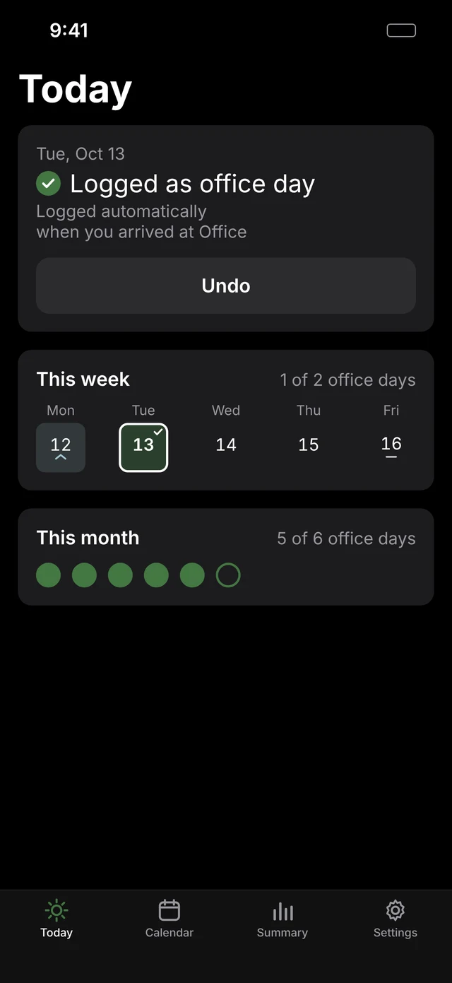 RTO Tracker Today screen. Tuesday, October 13: Logged as office day. This week shows 1 of 2 office days.