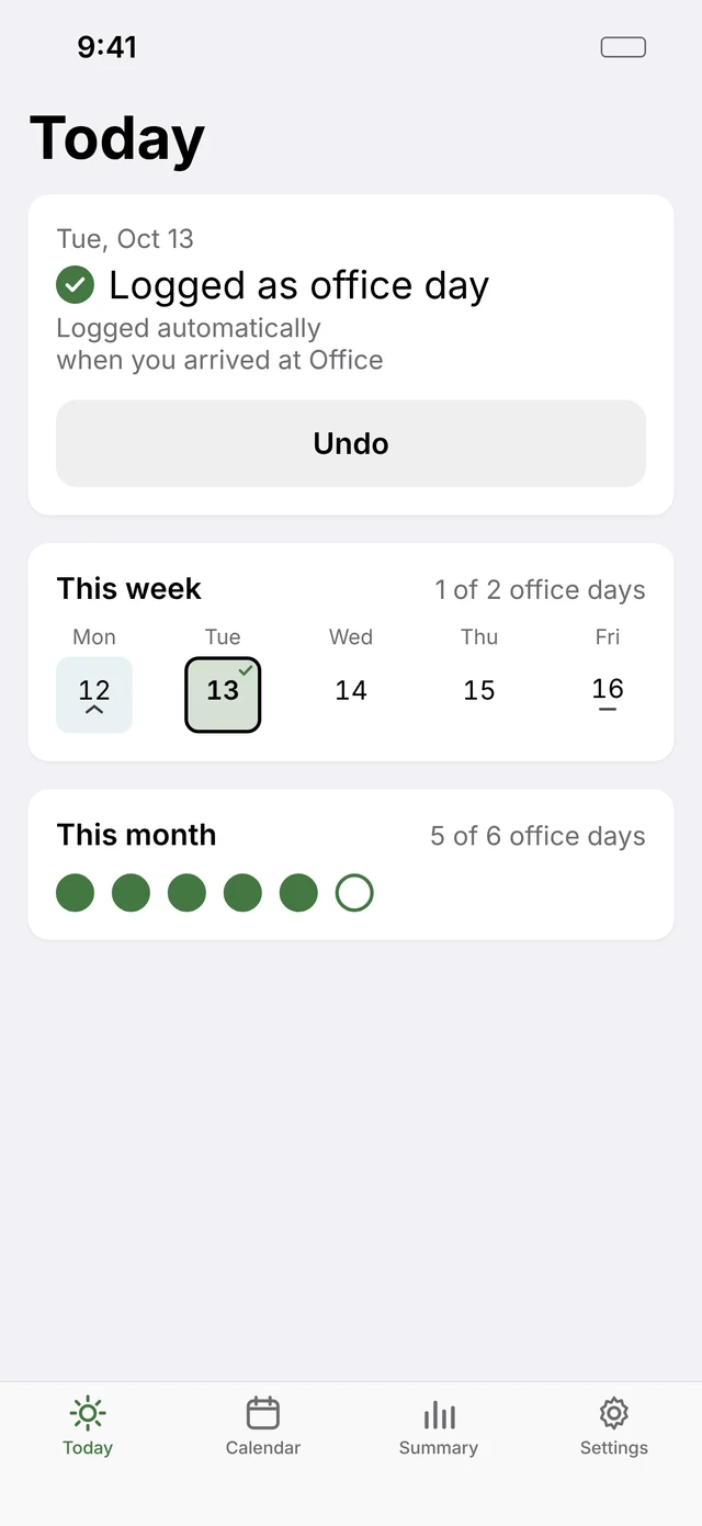 RTO Tracker Today screen. Tuesday, October 13: Logged as office day. This week shows 1 of 2 office days.